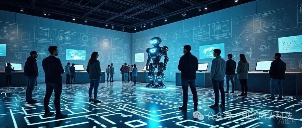 一个科技展览厅中的机器人，背景是布满数据图表的屏幕，代表未来科技与知识图谱