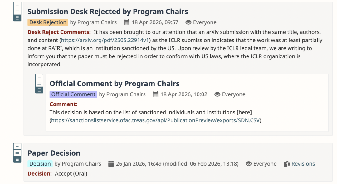 拒稿系统界面截图，显示 Desk Reject 和 Accept (Oral) 矛盾信息