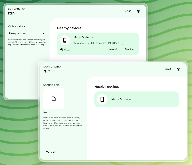 rquickshare在手机与电脑上的文件传输界面