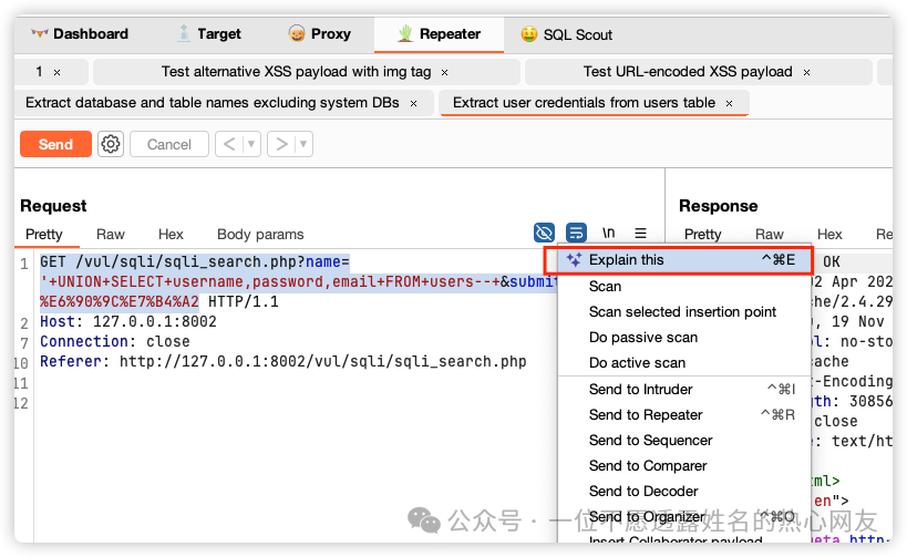Repeater中右键菜单的Explain this选项