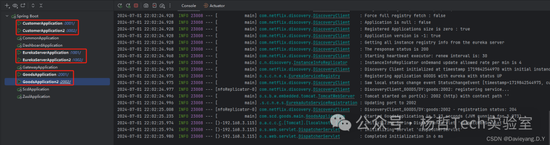 多个服务实例启动时的控制台日志输出