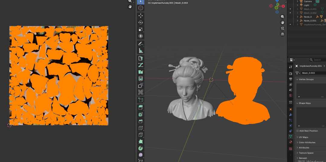 Blender中导入的AI模型，显示混乱的网格布线