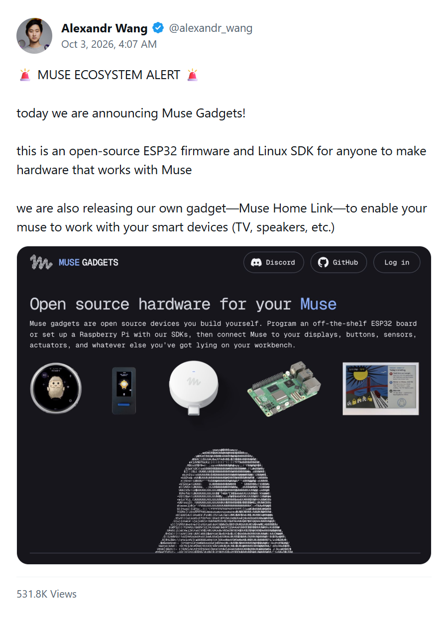 Alexandr Wang 宣布 Muse Gadgets 开源