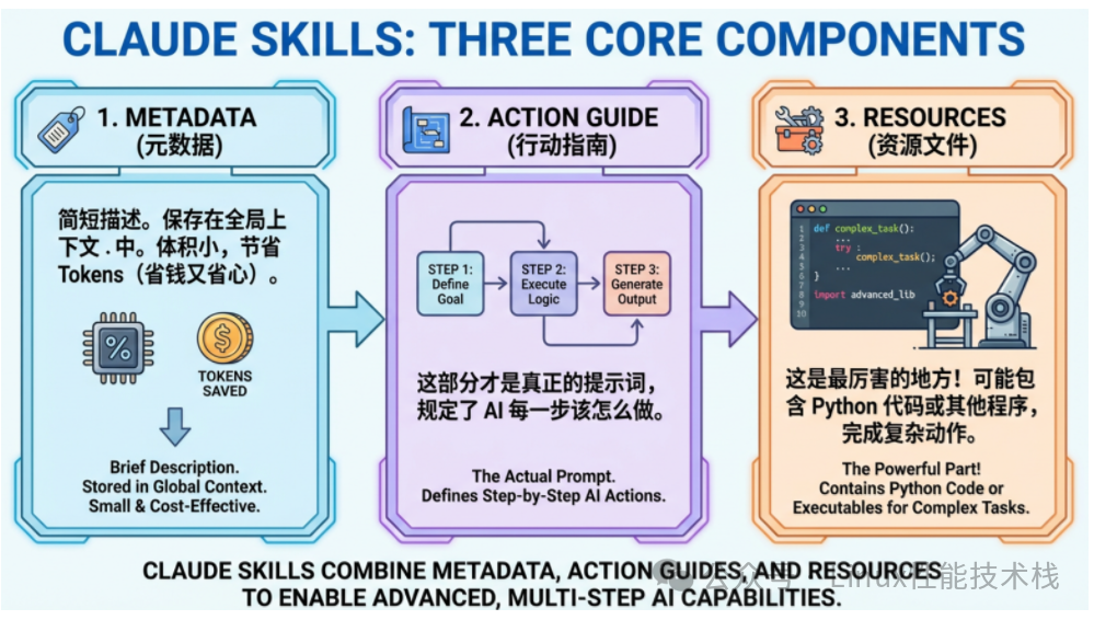 Claude Skills三核心组件示意图