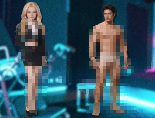 舞台背景前站立的人物,身体被像素化处理