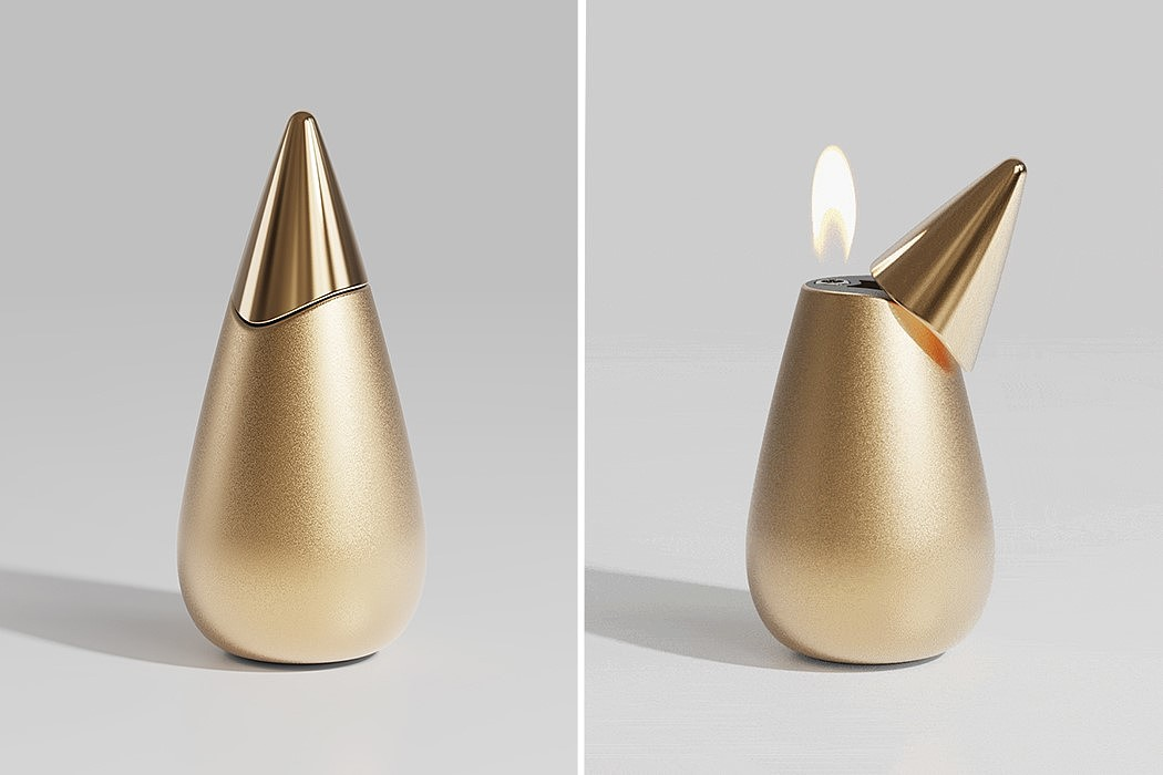 金色水滴形打火机开合状态对比