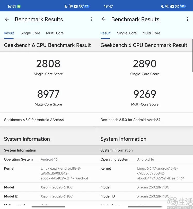Geekbench 6 高低温CPU测试成绩对比