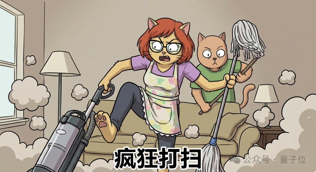 卡通人物和猫在疯狂打扫的表情包