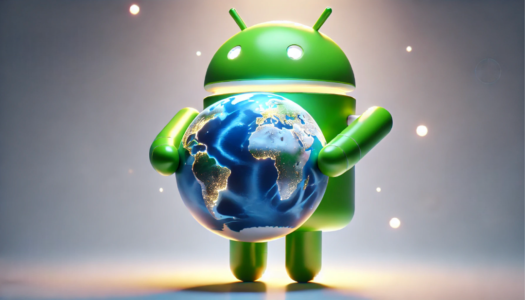 Android 机器人怀抱地球,象征全球连接