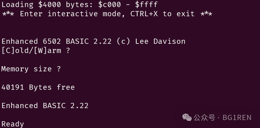 Sim6502启动Enhanced 6502 BASIC界面