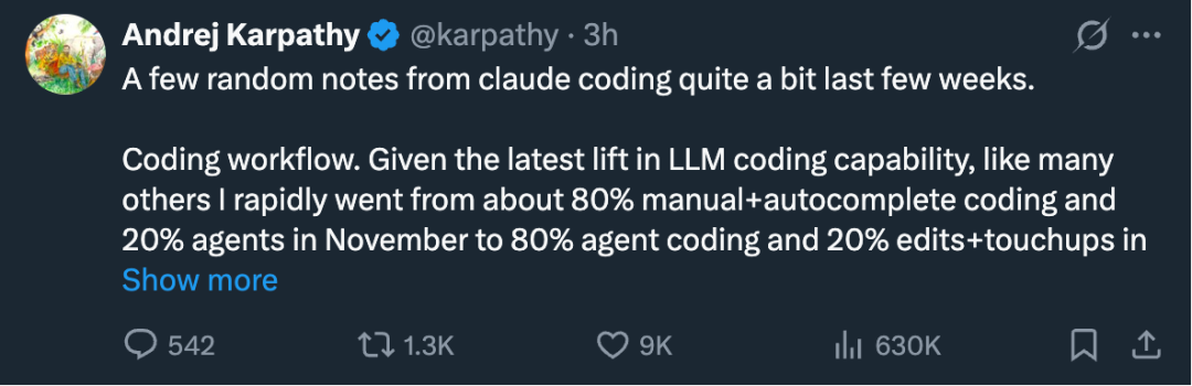 Karpathy 分享 Claude 编程体验推文截图