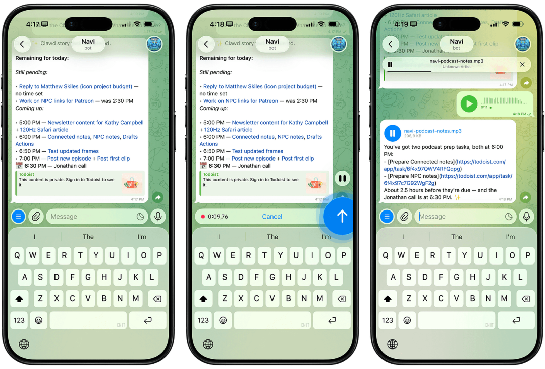 OpenClaw在手机聊天界面中的任务管理展示