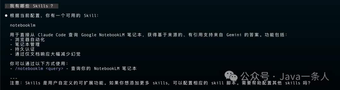 Claude Code 终端界面，显示“我有哪些 Skills？”及 notebooklm Skill 功能说明