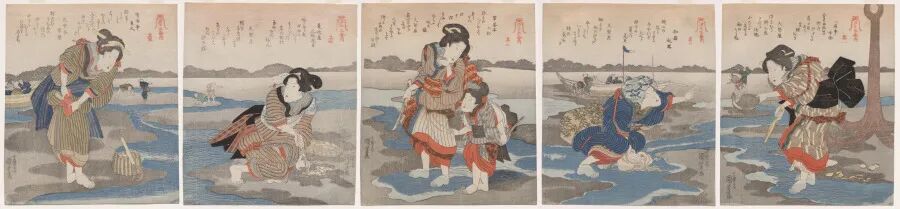 五联彩色木版画中,多个人物与海岸动作跨越连续画面