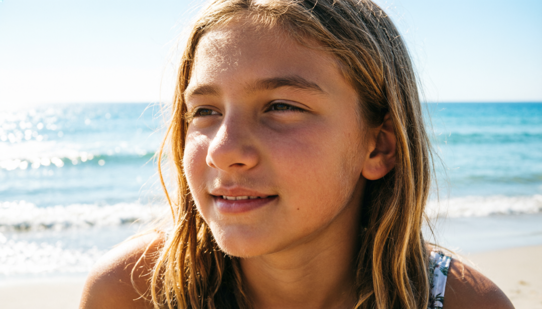 阳光下的女孩特写，毛孔与发丝清晰可见