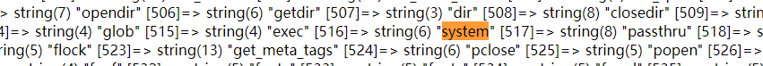 PHP get_defined_functions 返回的数组片段，高亮显示 system 函数