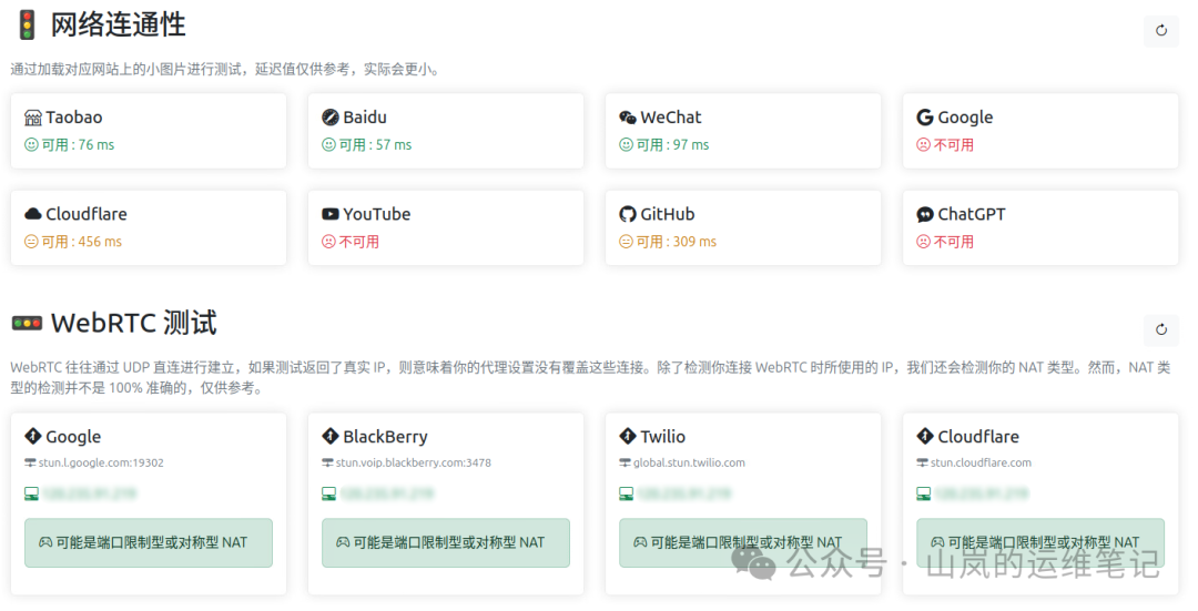 MyIP网络连通性与WebRTC测试界面