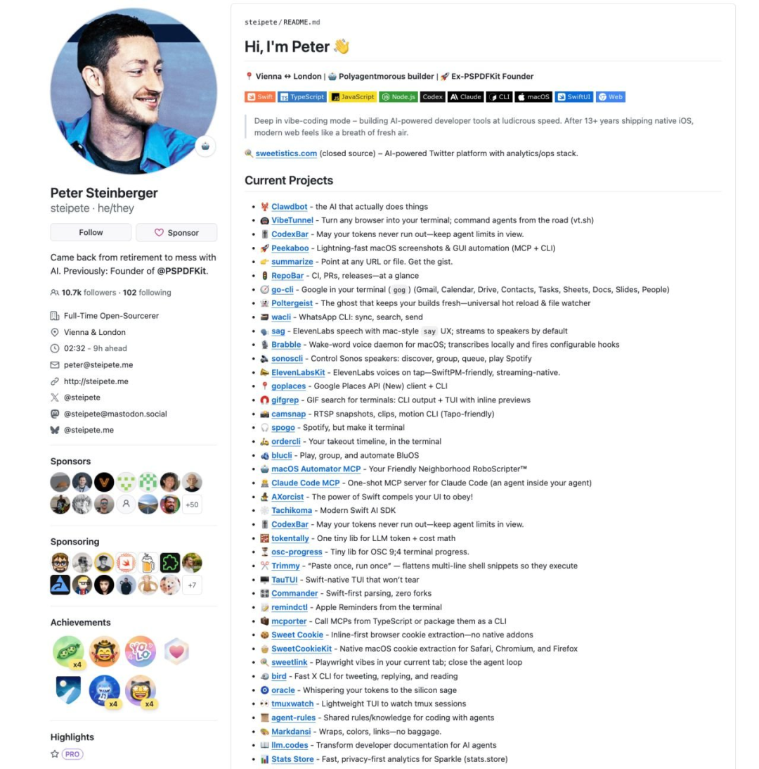 开发者Peter Steinberger的GitHub个人主页截图，展示其众多开源项目