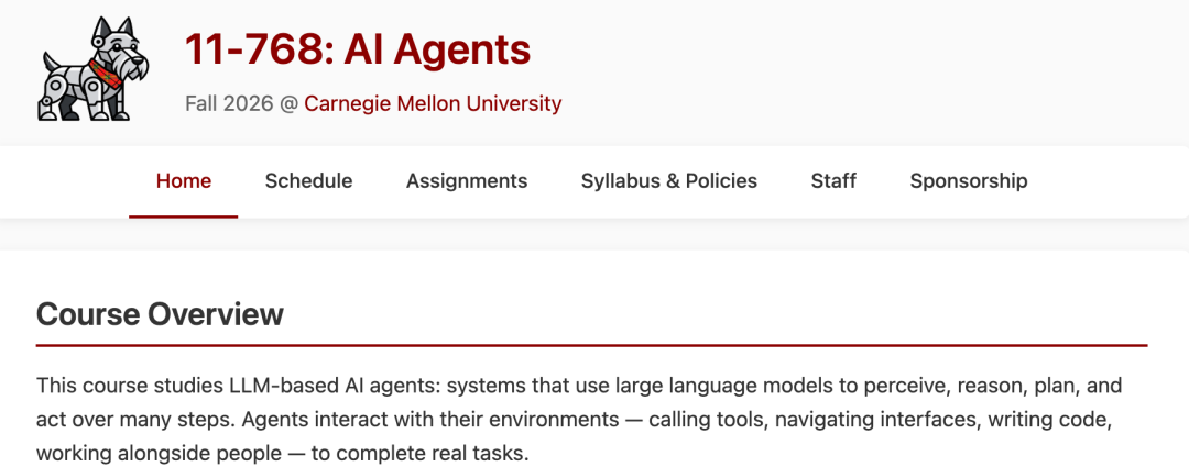 CMU 11-768 AI Agents 课程官网首页截图