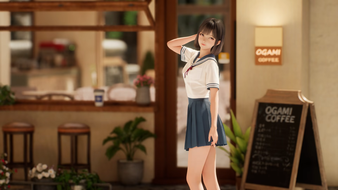3D虚拟偶像Ria在咖啡店外的形象展示