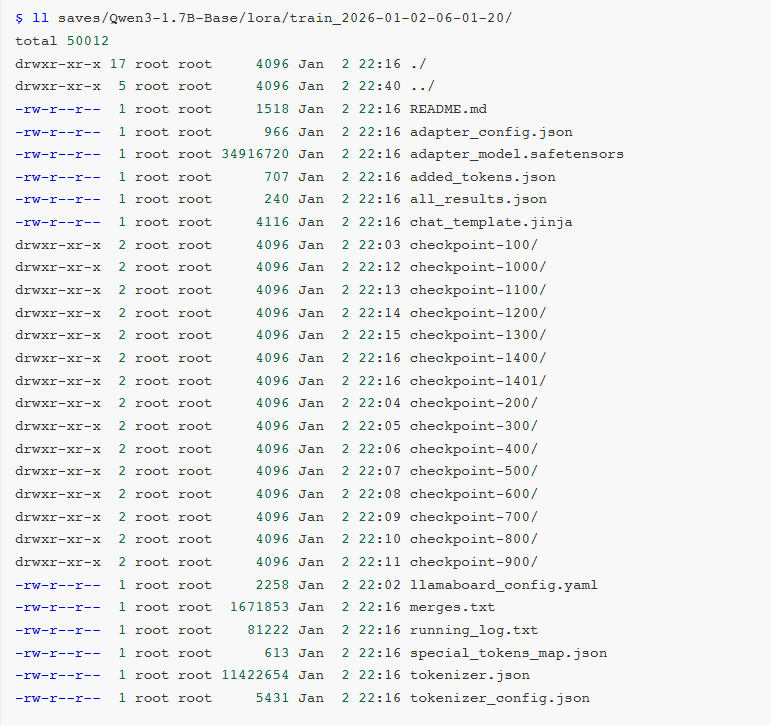 终端文件列表截图:saves/Qwen3-1.7B-Base/lora/train_2026-01-02-06-01-20/目录下checkpoint-*子目录