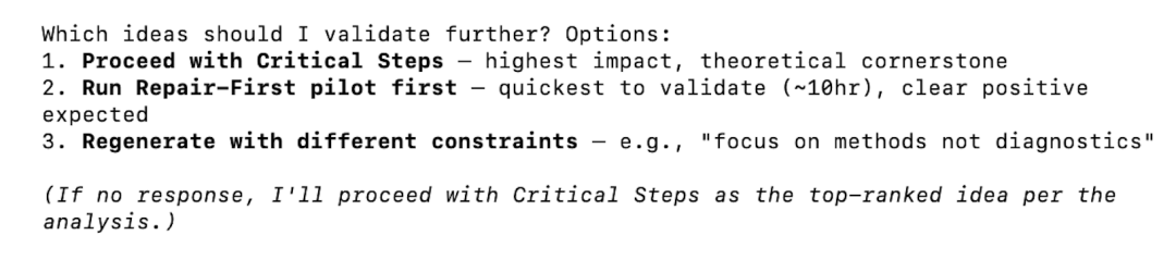 决策选项截图：询问应进一步验证哪些想法，并设置了默认推进规则