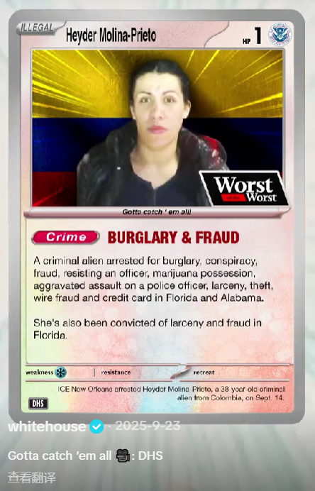 白宫发布的将嫌疑人制作成宝可梦风格卡牌的争议图片