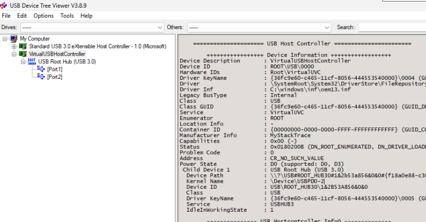 USBTreeView工具显示的虚拟USB主机控制器树状结构