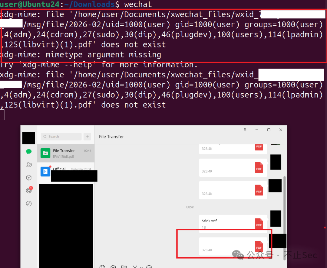 微信文件传输窗口显示特殊PDF文件及终端报错信息的组合截图