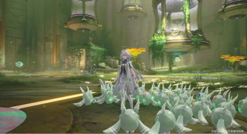 角色与多只“日灵”汇聚互动的奇幻场景