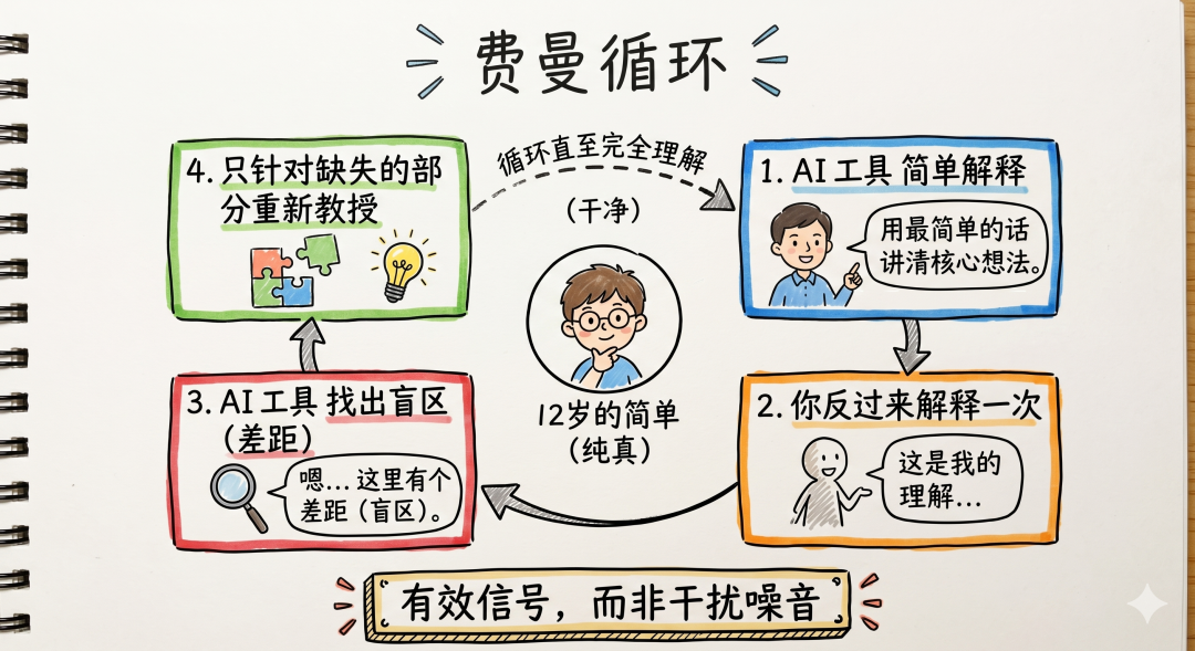 费曼循环:用最简单的话讲清,反向解释,找出盲区,重新教授