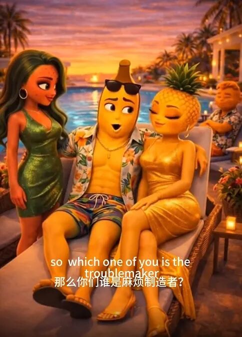 水果角色之间的戏剧性对峙场景