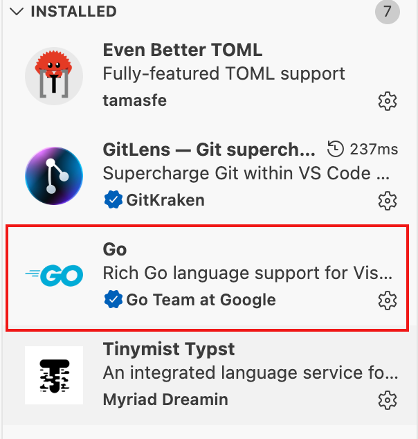 VS Code插件市场中已安装的Go官方插件