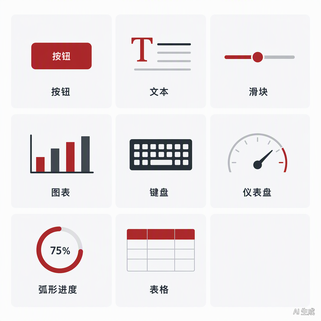 LVGL 内置 30+ widget 中的八个代表组件:按钮、文本、滑块、图表、键盘、仪表盘、弧形进度与表格