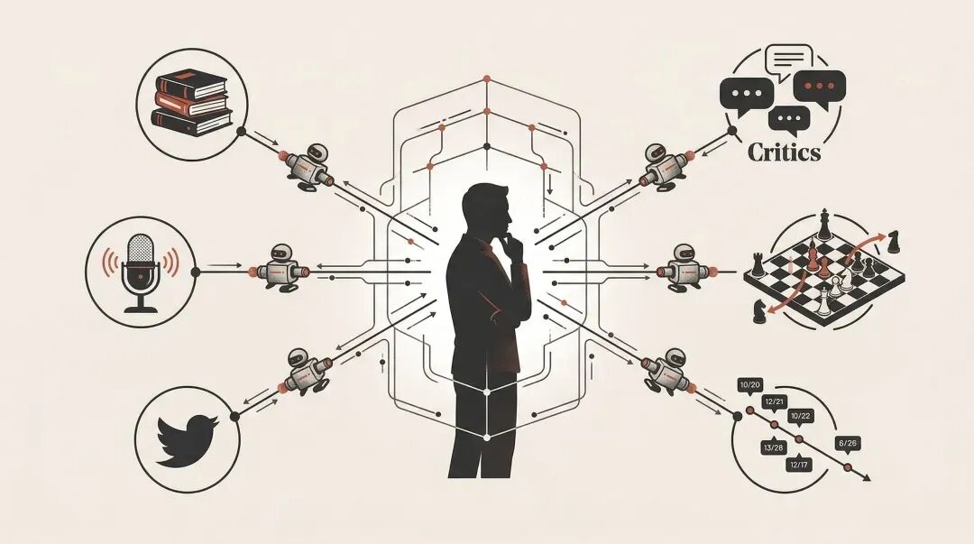 一幅信息网络示意图，中心是人形剪影，周围连接着书籍、对话、数据等图标