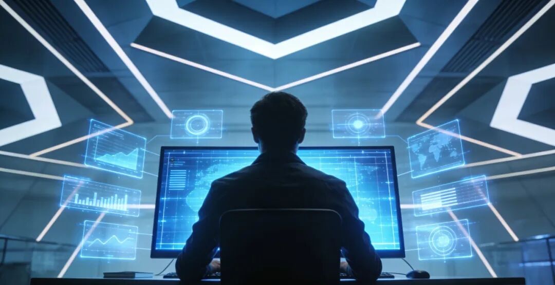 男子在充满全息数据图表的科技环境中工作