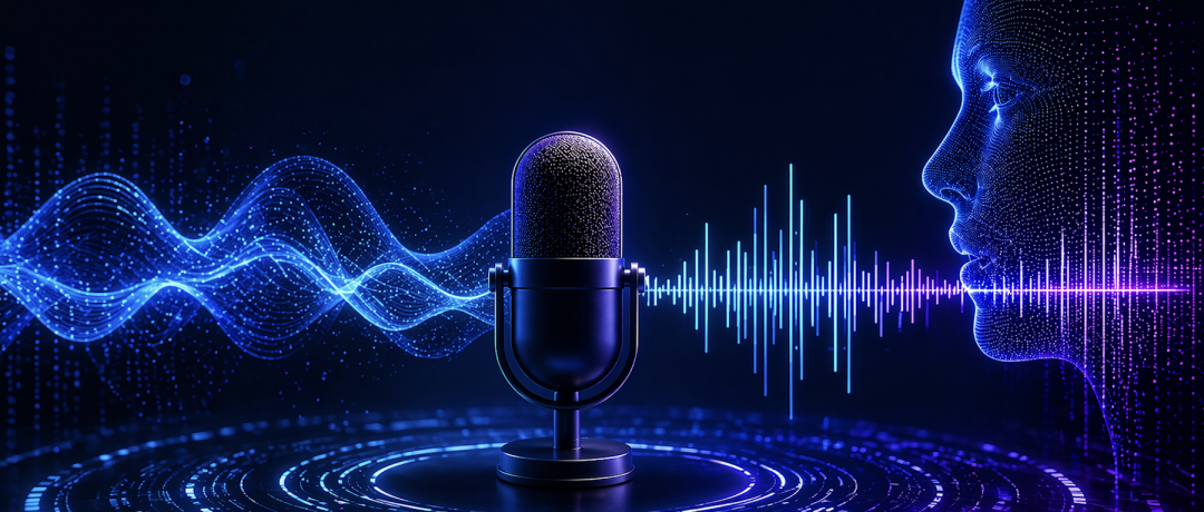 深蓝色科技感背景中，一个复古麦克风搭配声波与数字人像，象征语音识别技术