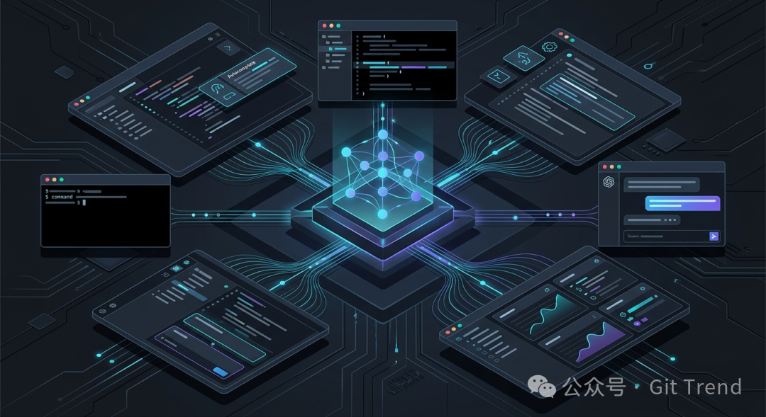 一幅科技感插画,展示了代码理解作为可迁移能力层的构想