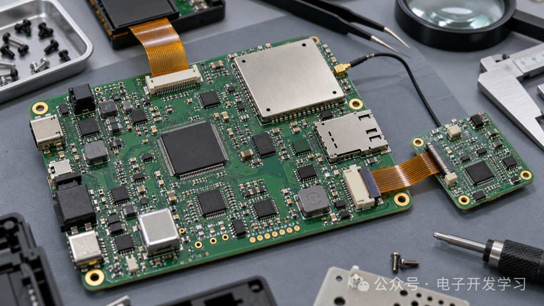 样机内部PCB电路板特写:芯片模组、FFC排线与接口连接器