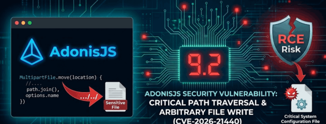 AdonisJS CVE-2026-21440 路径遍历与任意文件写入漏洞原理示意图
