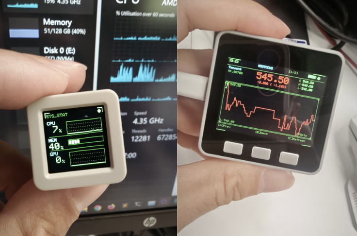 硬件监控设备实物图，显示CPU、内存、GPU、温度等实时数据