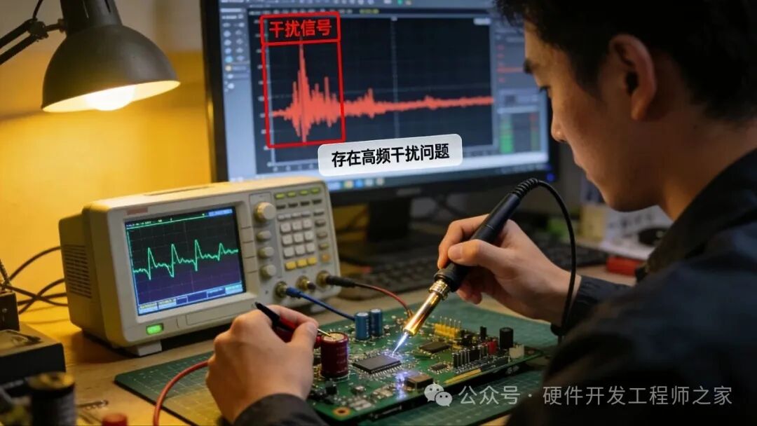 工程师在调试存在高频干扰问题的电路板