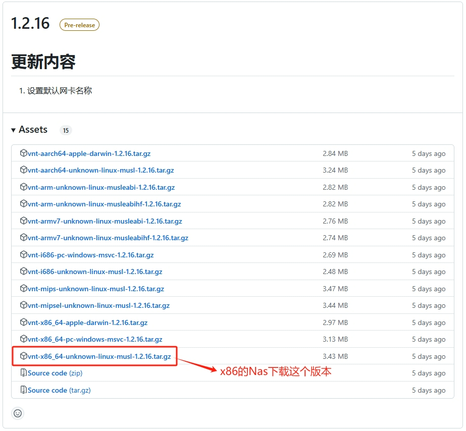GitHub Release页面截图，标注了NAS应下载的版本