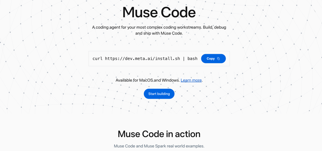 Muse Code 官网界面,展示 curl 安装命令与 Start building 按钮