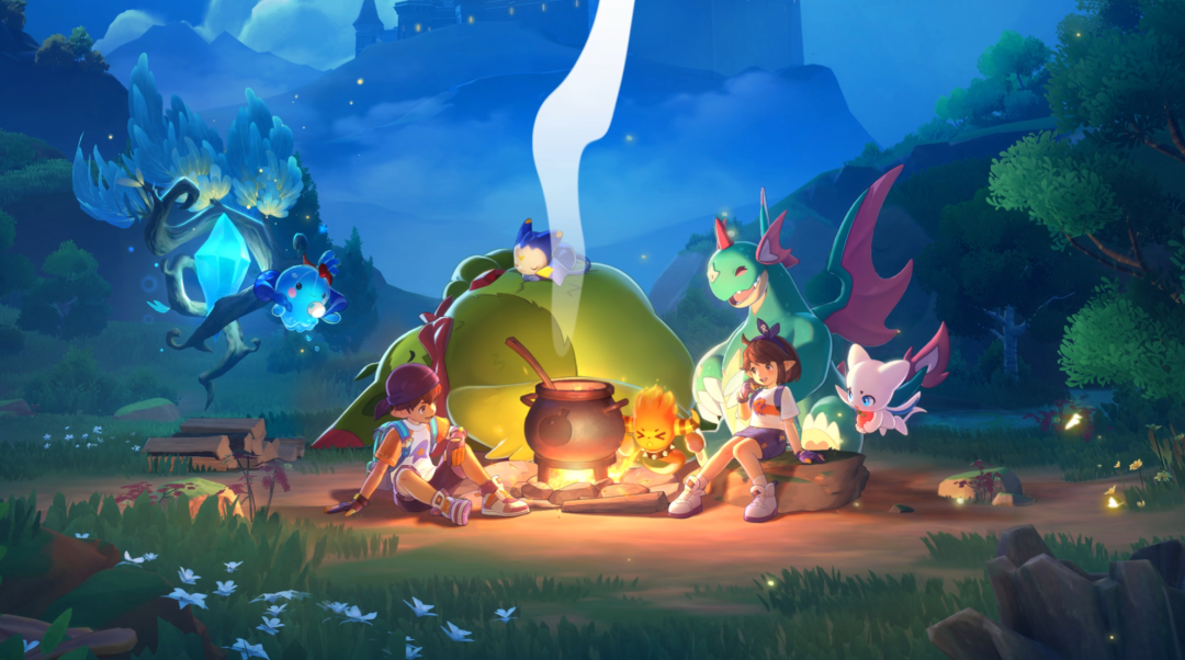 游戏内夜晚露营，玩家角色与多种宠物共处的温馨场景