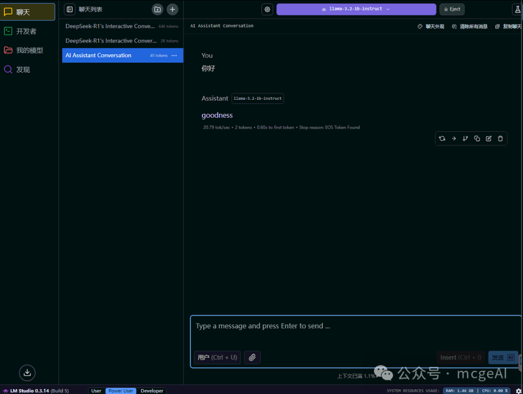 LM Studio 使用 Llama 3.2 1B 模型对话