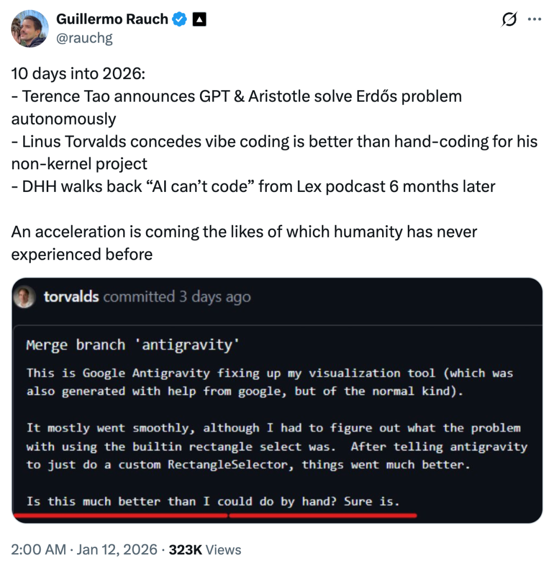 Vercel CEO Guillermo Rauch关于2026年技术趋势的推文截图