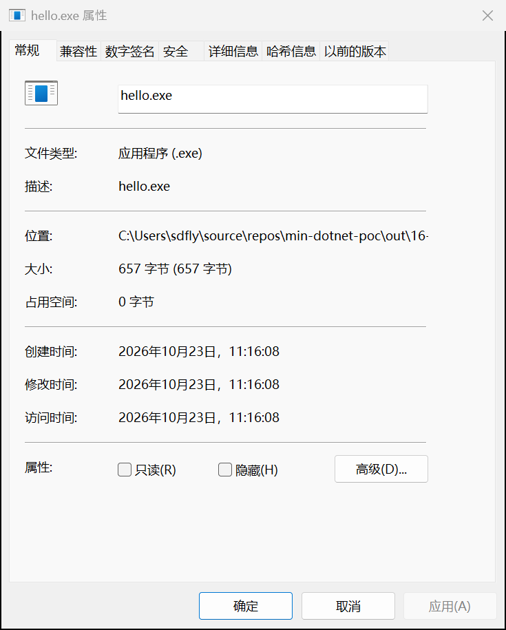 hello.exe 属性显示大小 657 字节占用空间 0 字节