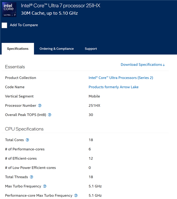 Intel酷睿Ultra 7 251HX处理器详细规格截图