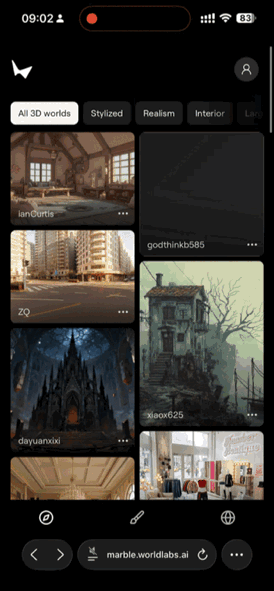 手机应用截图，展示AI生成的多种风格3D世界浏览界面